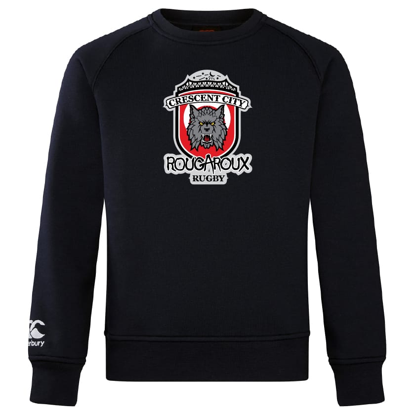 The Crescent City Rougaroux Club Crew Sweatshirt by WRS Canterbury features a wolf head logo on the chest and an embroidered CCC logo on the left sleeve, offering ultra-soft comfort and style for rugby fans.
