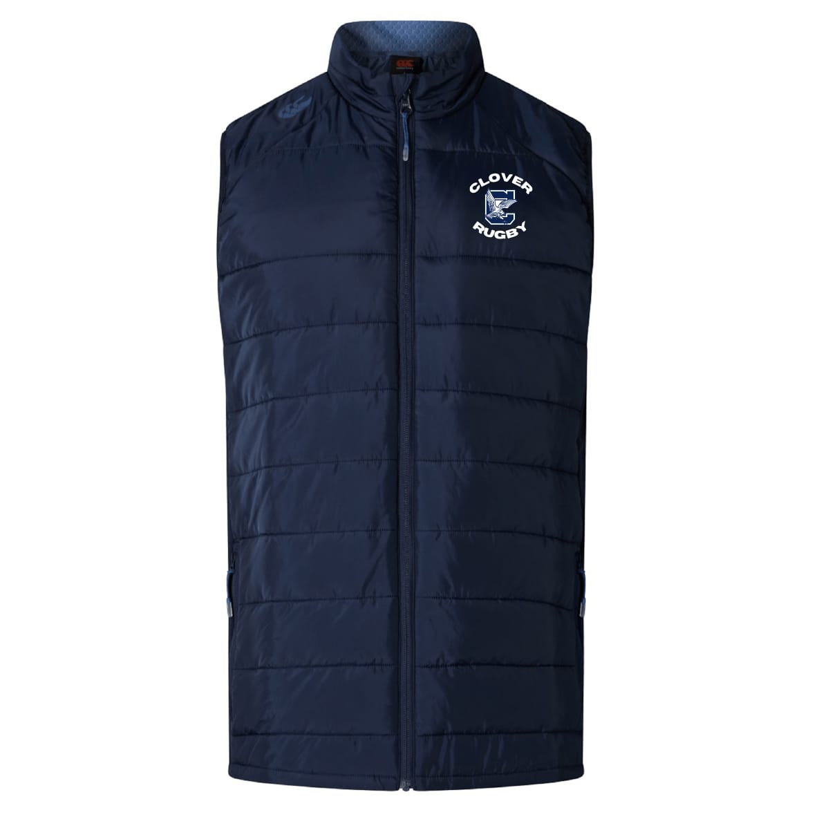 Navy blue Clover Middle School Elite Microlite Gilet by EMB Canterbury, featuring insulated baffles, front zipper, and "Clovers Rugby" logo on the left chest.