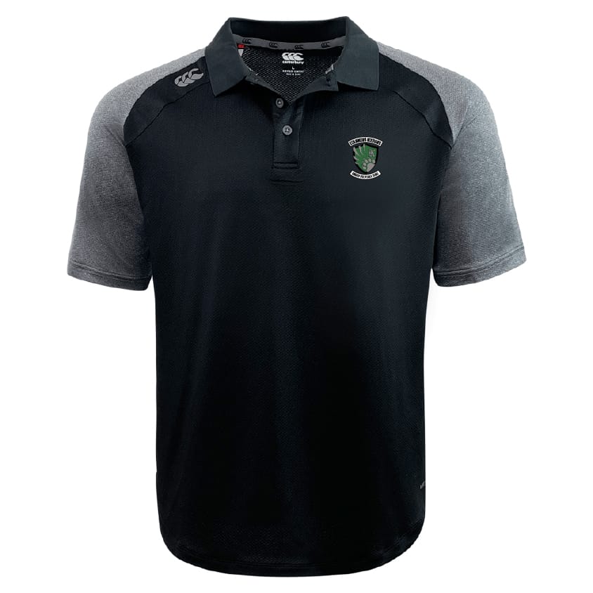 The Columbus Kodiaks Full Color Logo Elite Polo by EMB Canterbury features lightweight, durable Vapodri fabric, a buttoned collar, Canterbury logo on the right shoulder, and a Kodiaks team badge on the left chest.