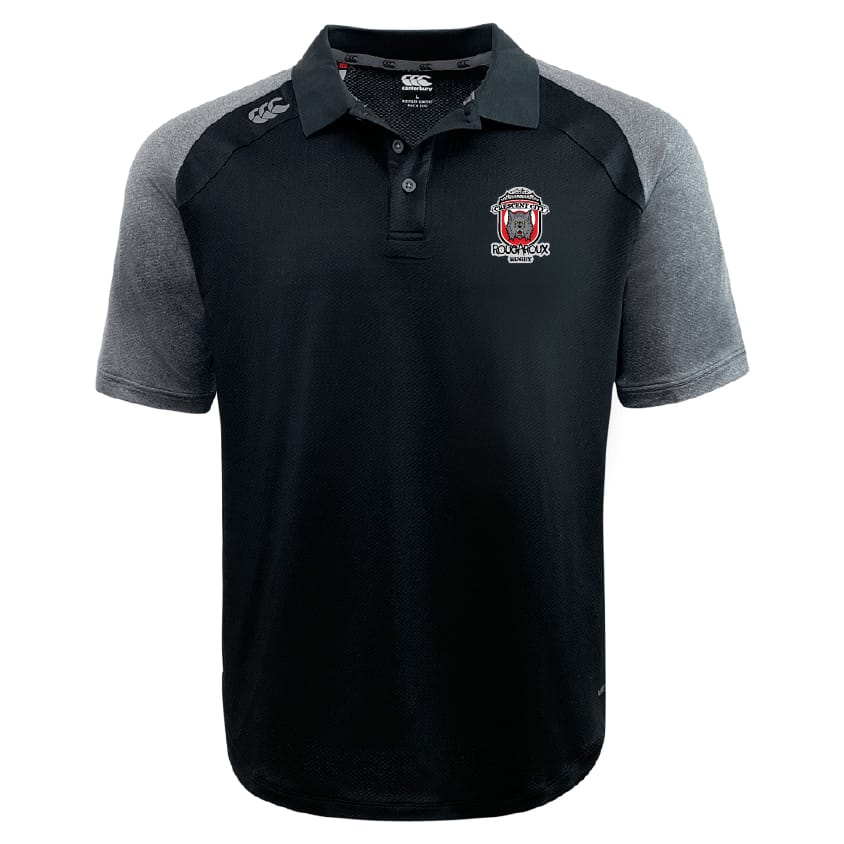 The Crescent City Rougaroux Elite Polo by EMB Canterbury features black and grey short sleeves, a collar, button placket, team logo on the left chest, and is made from breathable Vapodri fabric for comfort.