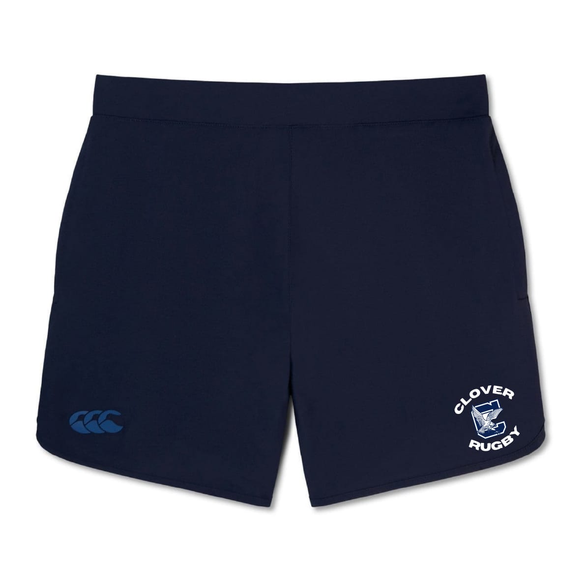 The Clover Middle School Women's Elite Woven Short by EMB Canterbury features the Canterbury logo on the left leg, a "Clover Rugby" emblem on the right, navy blue color, and zippered pockets for secure storage during training.