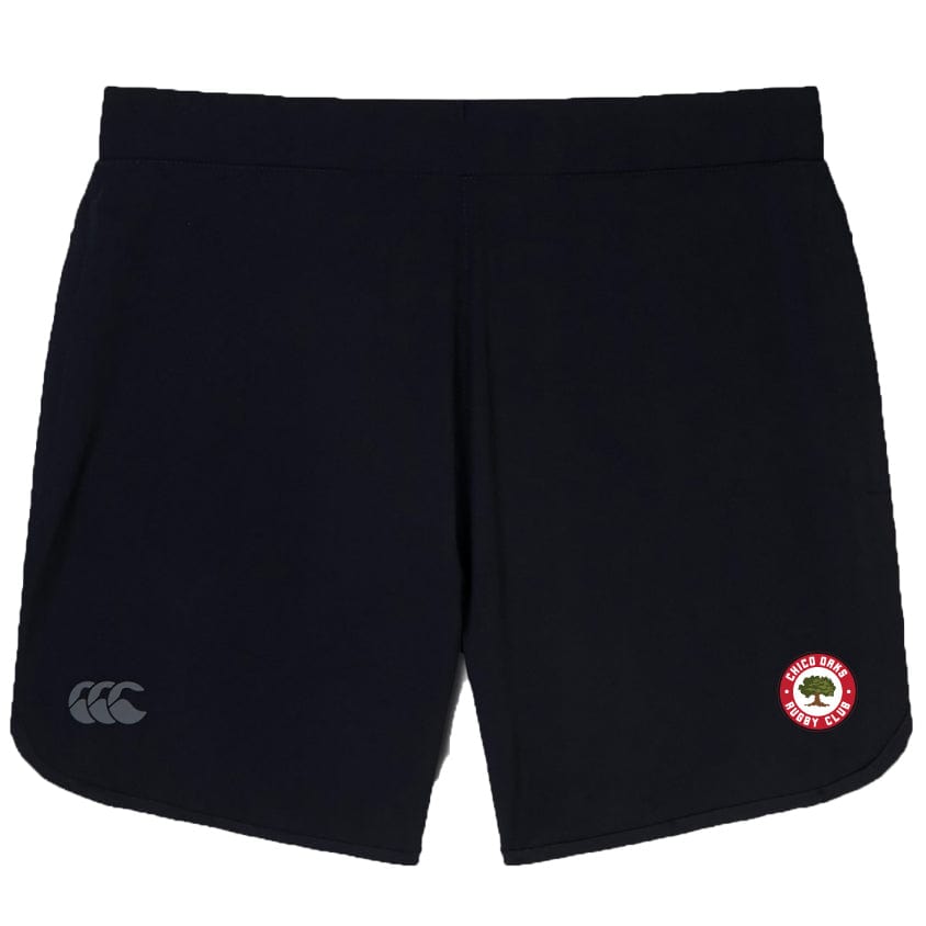 The Chico Oaks Women's Elite Woven Shorts by EMB Canterbury are black athletic shorts featuring a "Crusaders Rugby Club" logo on the right and a small logo on the left, ideal for training or as versatile gym wear.