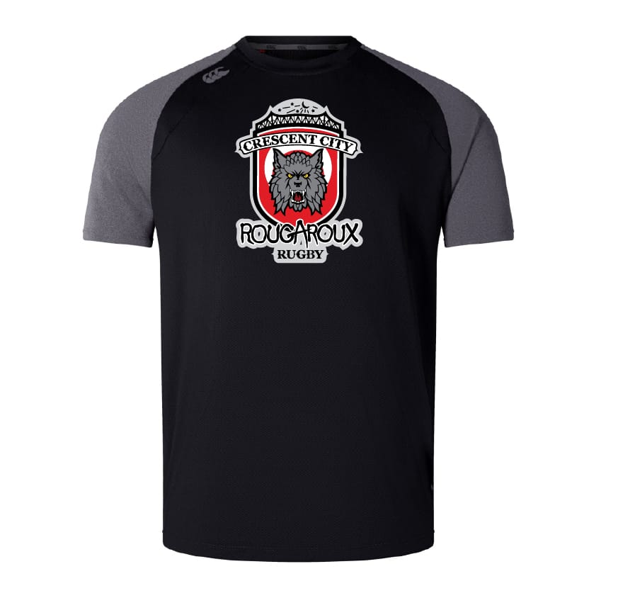 The Crescent City Rougaroux Elite Training Tee by WRS Canterbury features black and dark gray Vapodri fabric for lightweight durability, plus the wolf's head logo with red accents on the chest.