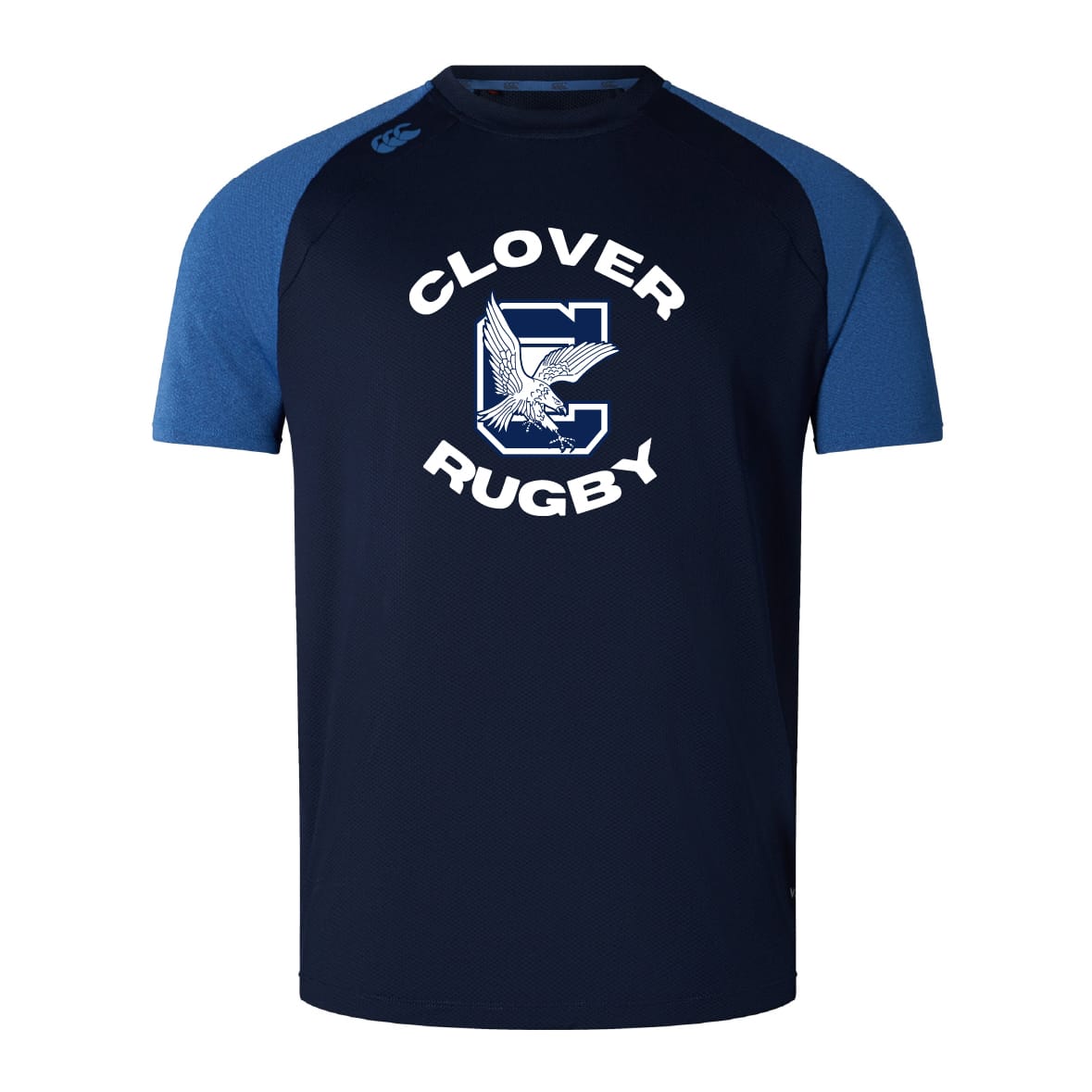 The Clover Middle School Elite Training Tee by WRS Canterbury features navy and blue short sleeves, "Clover Rugby" text with a bird chest graphic, and is made from lightweight, durable Vapodri fabric for top comfort and performance.