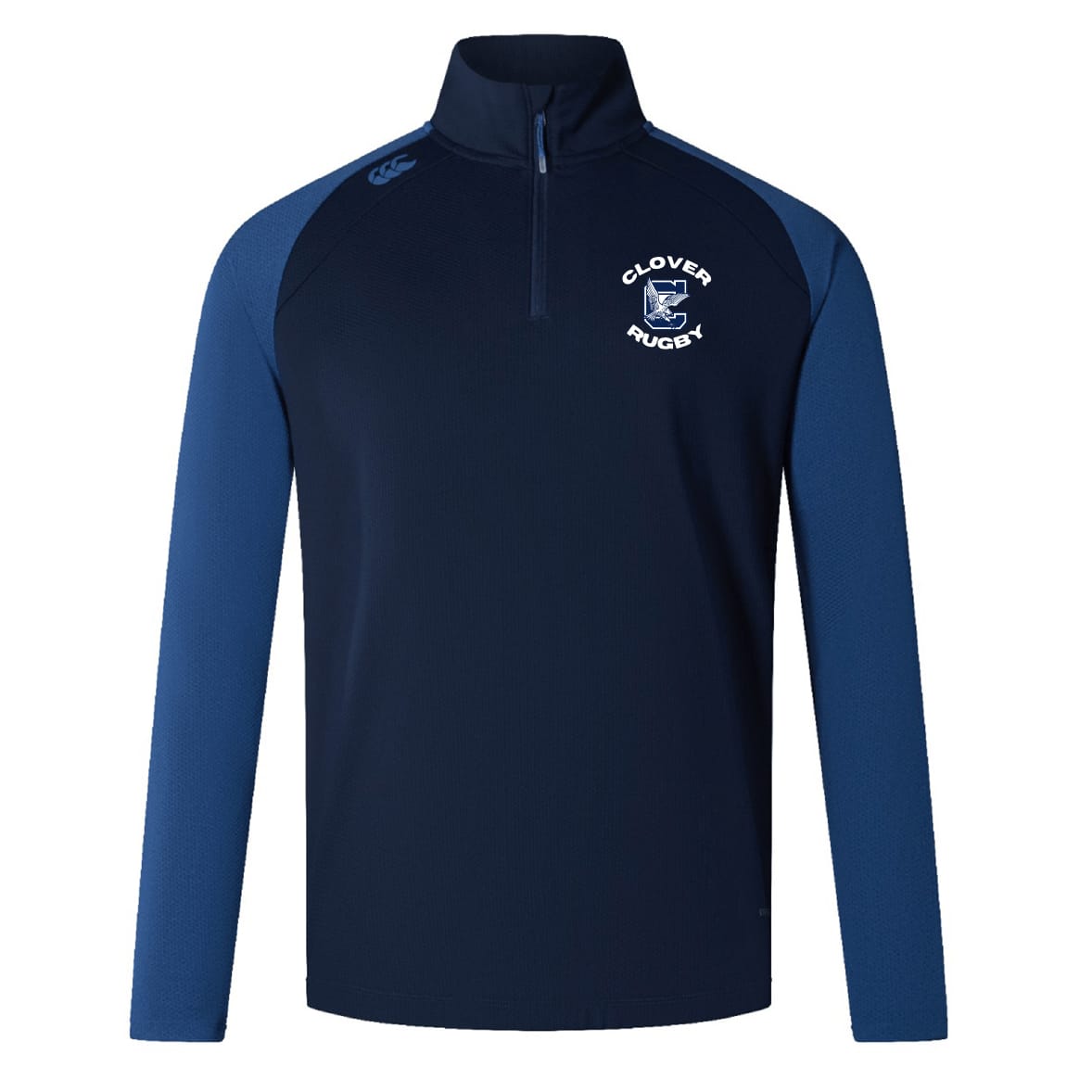The Clover Middle School Elite First Layer by EMB Canterbury is a navy and royal blue long-sleeve rugby training top with a quarter-zip, "Clover Rugby" crest, small shoulder logo, and VapoDri tech for comfort during play.