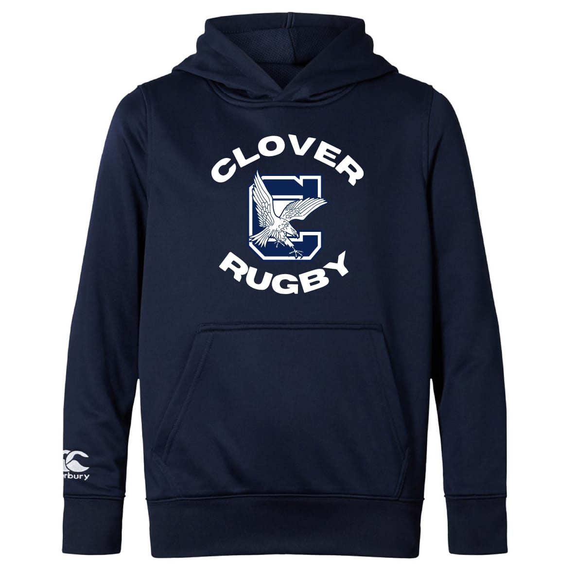 The Clover Middle School Club Lightweight Hoodie by WRS Canterbury features "Clover Rugby" and an eagle graphic on the front, a kangaroo pocket, and the Canterbury logo on the sleeve.