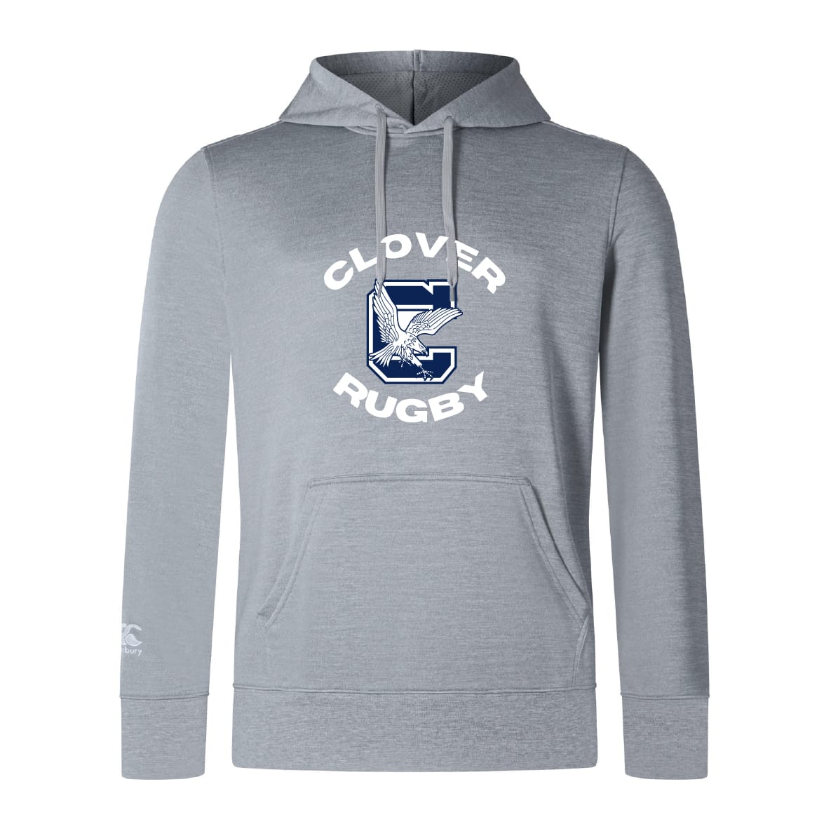 The Clover Middle School Club Lightweight Hoodie by WRS Canterbury is a light gray hoodie with "Clover Rugby," a large "C" with clover and bird graphic on the chest, and a classic kangaroo pocket for comfort.