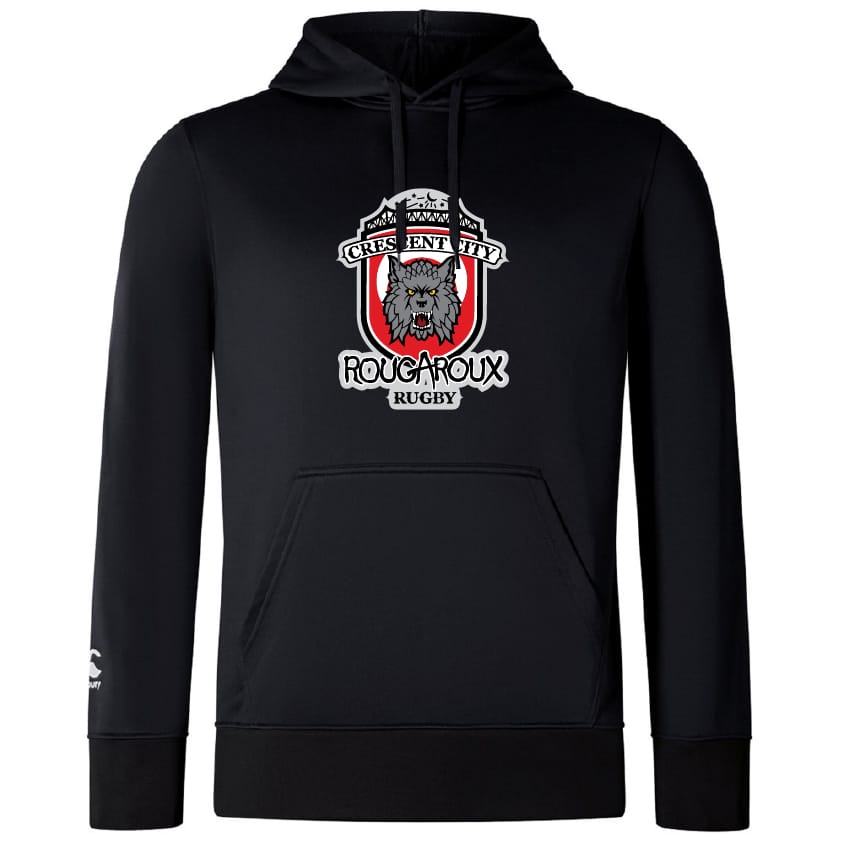 The Crescent City Rougaroux Club Lightweight Hoodie by WRS Canterbury features a wolf head logo with red accents on the chest and a sporty polyester hood.