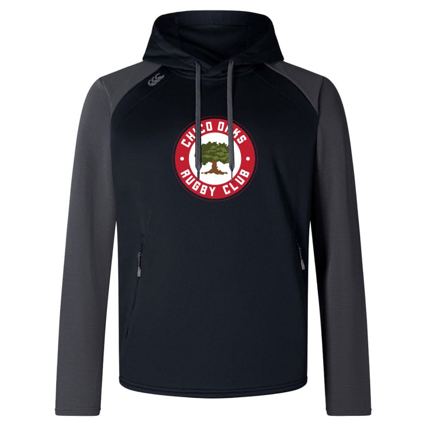 The Chico Oaks Elite Training Hoody by WRS Canterbury is a black hoodie with gray sleeves, crafted from premium fabrics, featuring the "Chinooks Rugby Club" logo on the chest. It offers both style and comfort.