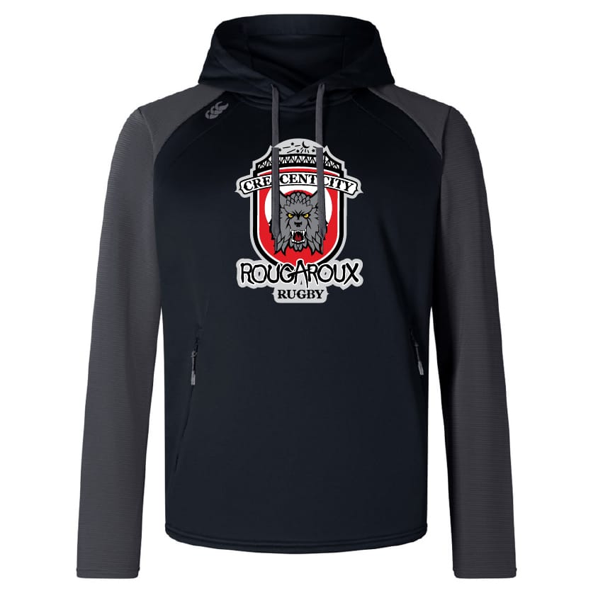 The Crescent City Rougaroux Elite Training Hoody by WRS Canterbury features black and gray colors, a front center wolf logo, and is designed for performance and comfort.