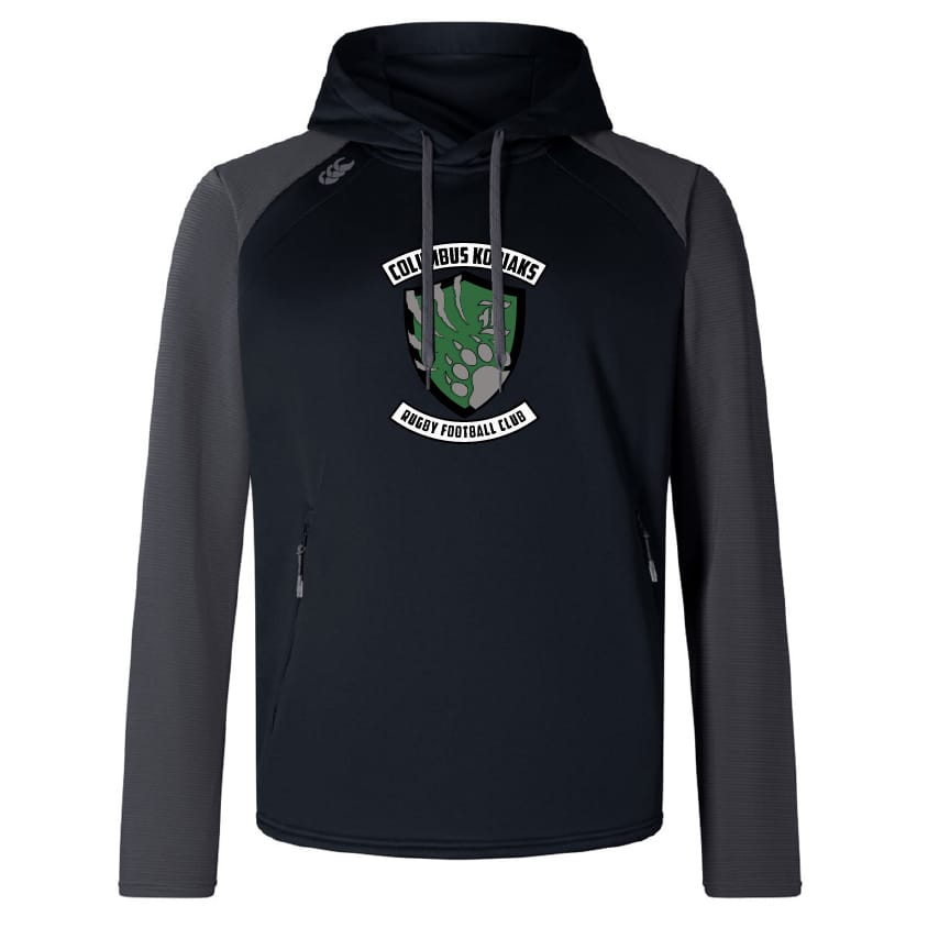 The Columbus Kodiaks Full Color Logo Elite Training Hoody by WRS Canterbury features a bear paw and club logo on the front, offering top performance and comfort. Black and gray design.