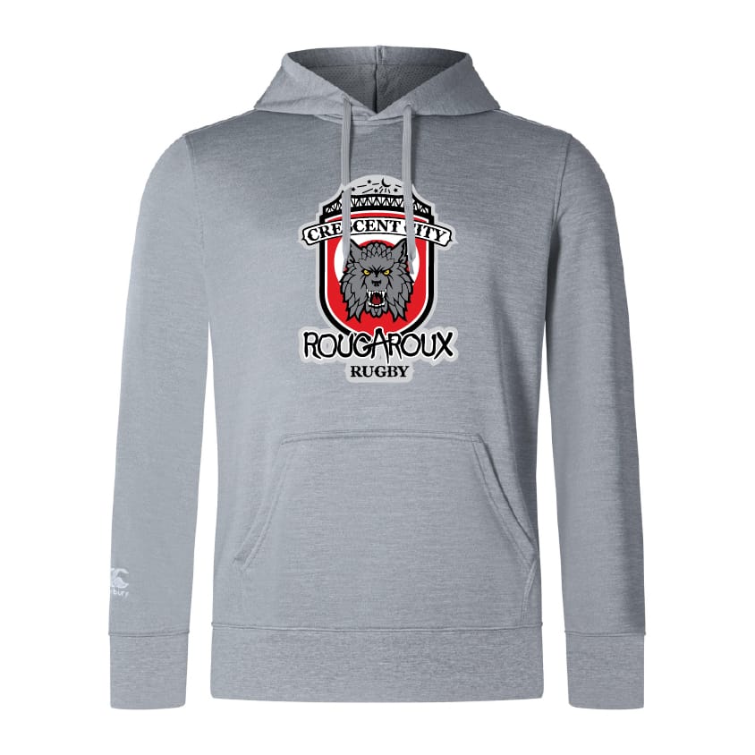 The Crescent City Rougaroux Club Lightweight Hoodie by WRS Canterbury features a light gray polyester hood, the rugby team logo, and a bold wolf graphic on the chest.