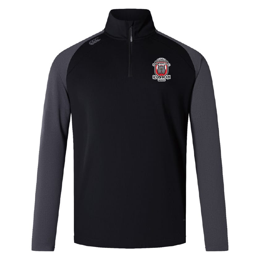 Black and dark gray long-sleeve Canterbury Crescent City Rougaroux Elite First Layer quarter-zip pullover with EMB Canterbury branding, VapoDri moisture control, and ideal for training.