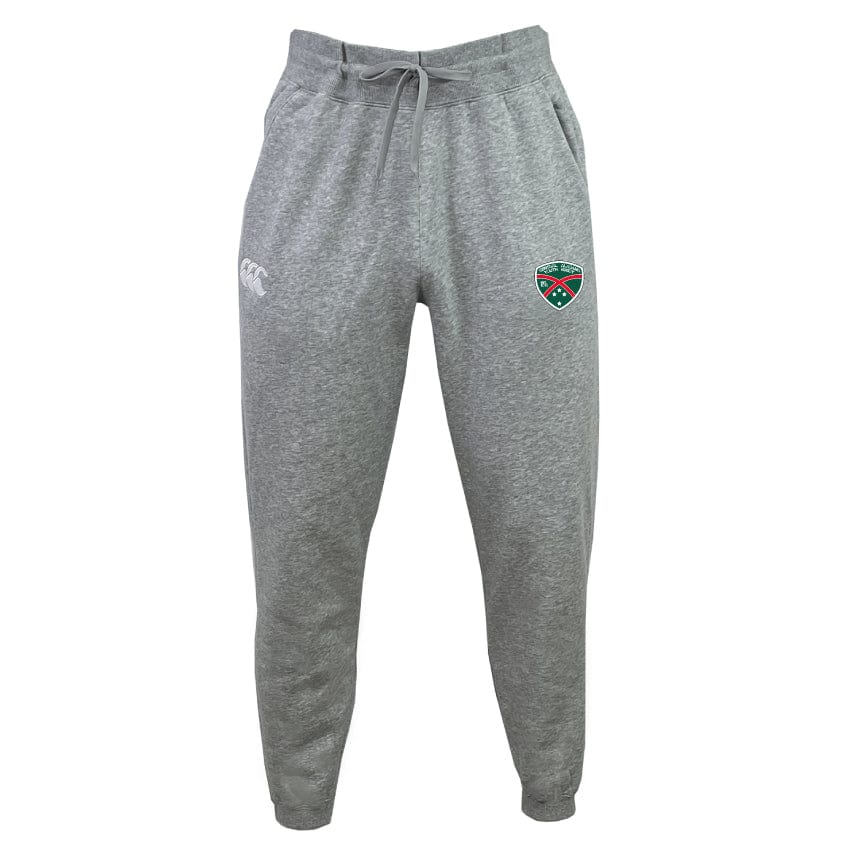 The Central Alabama Youth Rugby Leisure Sweatpants by EMB Canterbury are gray with a drawstring waist and elastic cuffs, made from recycled polyester fleece and organic cotton. They are designed with a logo on the right thigh and a small emblem on the left thigh, providing both comfort and style.