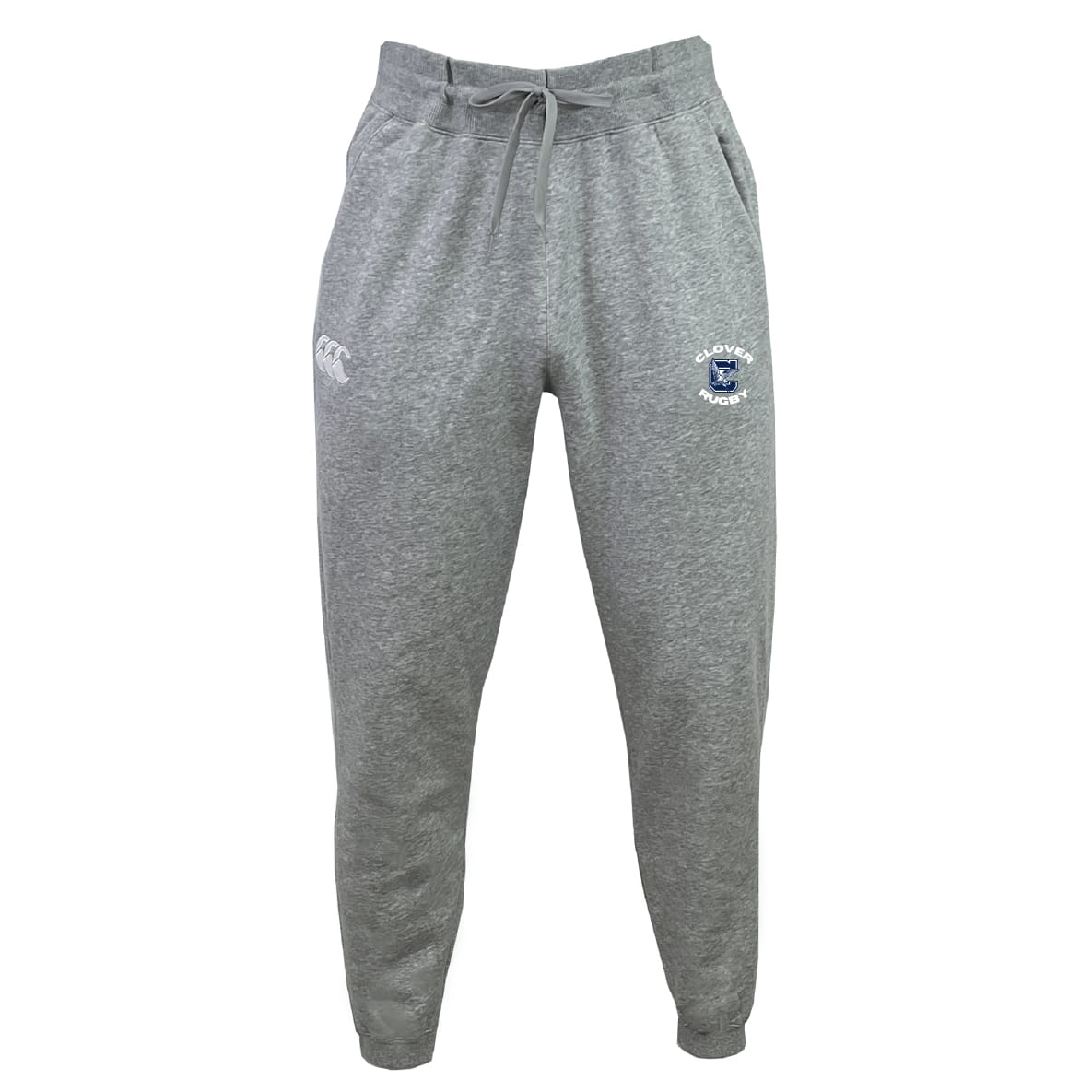 The Clover Middle School Leisure Sweatpant by EMB Canterbury features a drawstring waist, ankle cuffs, and two front embroidered logos, all crafted from sustainable fleece for comfort and eco-friendly style.