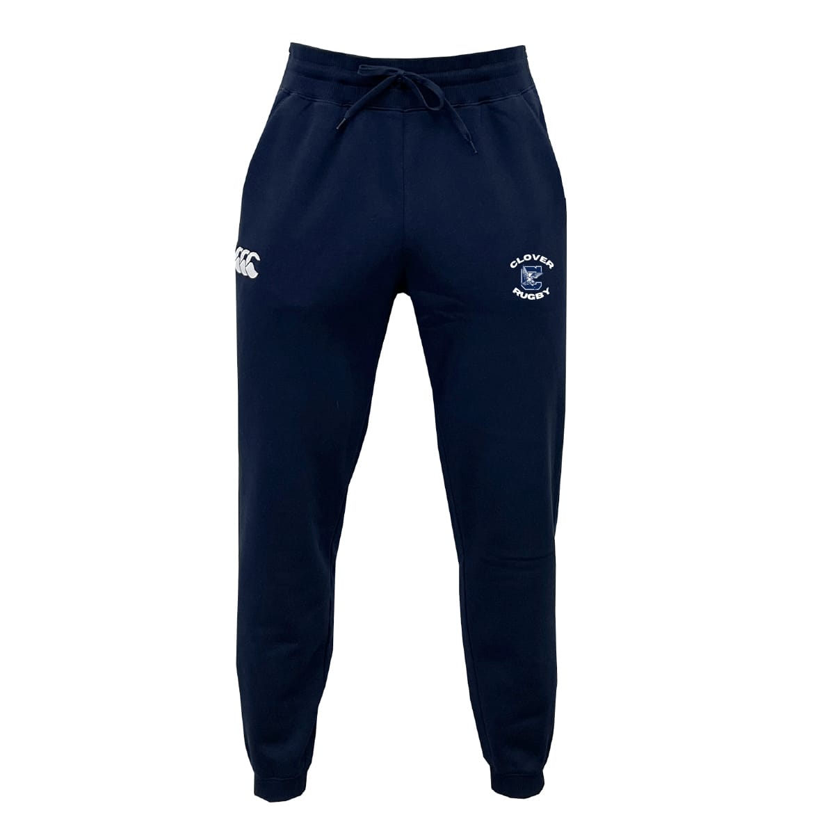 The Clover Middle School Leisure Sweatpant by EMB Canterbury is navy blue with a drawstring waist and features two white embroidered logos on the front thighs.