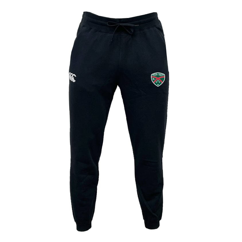 The Central Alabama Youth Rugby Leisure Sweatpant by Canterbury from EMB Canterbury combines comfort and eco-friendliness, crafted from organic cotton. These black sustainable sweatpants feature a drawstring and display a logo on the right thigh with an additional emblem on the left thigh.