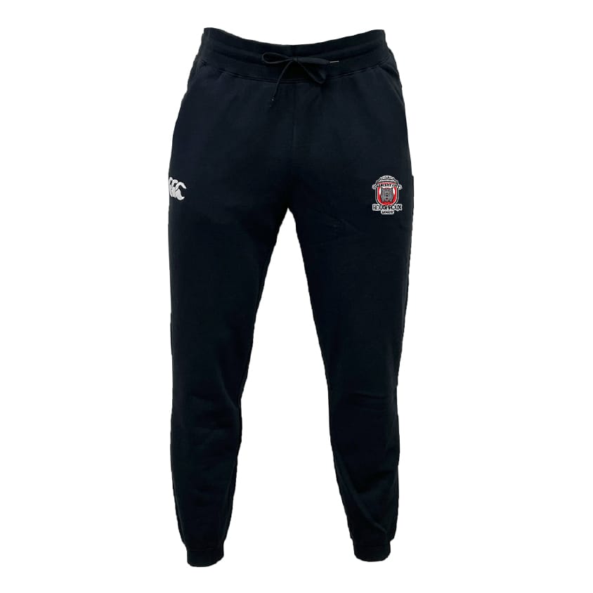 The Crescent City Rougaroux Leisure Sweatpant by EMB Canterbury features black recycled polyester, a drawstring waist, and two embroidered front logos—one on each thigh.