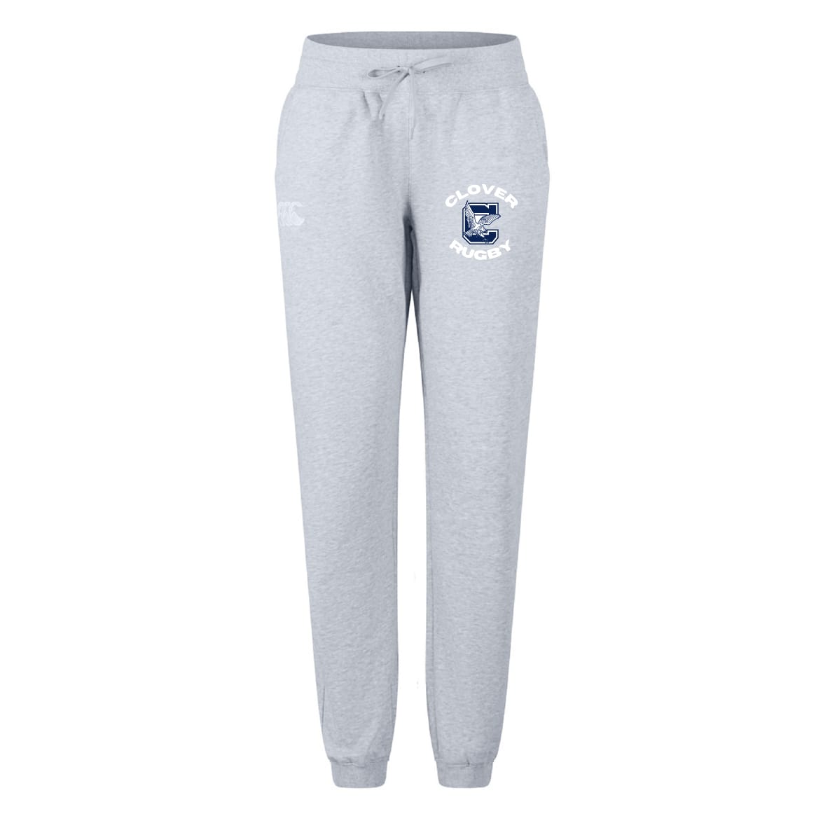 The Clover Middle School Women's Leisure Sweatpant by EMB Canterbury is a light grey organic cotton pant with a drawstring waist and "Clover Rugby" logo on the left hip—ideal for women’s leisurewear.