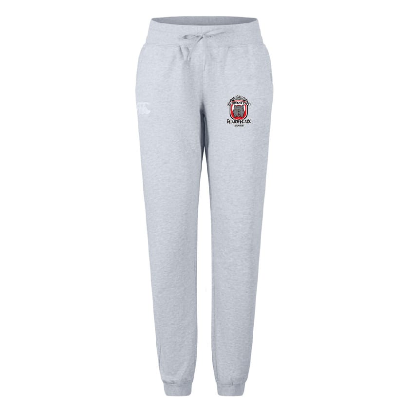 The Crescent City Rougaroux Women's Leisure Sweatpant by EMB Canterbury features light gray organic cotton, an elastic waistband, drawstring, and a Liverpool F.C. crest—ideal for rugby training or casual wear.