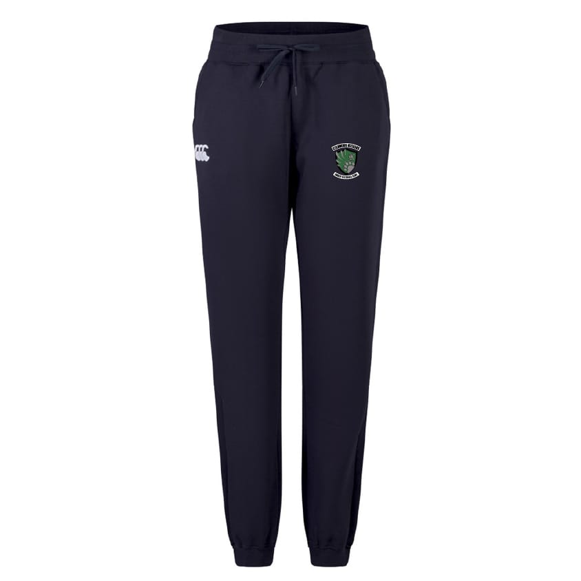The Columbus Kodiaks Full Color Logo Women's Leisure Sweatpant by EMB Canterbury features organic cotton and recycled polyester, an elastic waistband, drawstring, ankle cuffs, a crest on the left thigh, and a white logo on the right.