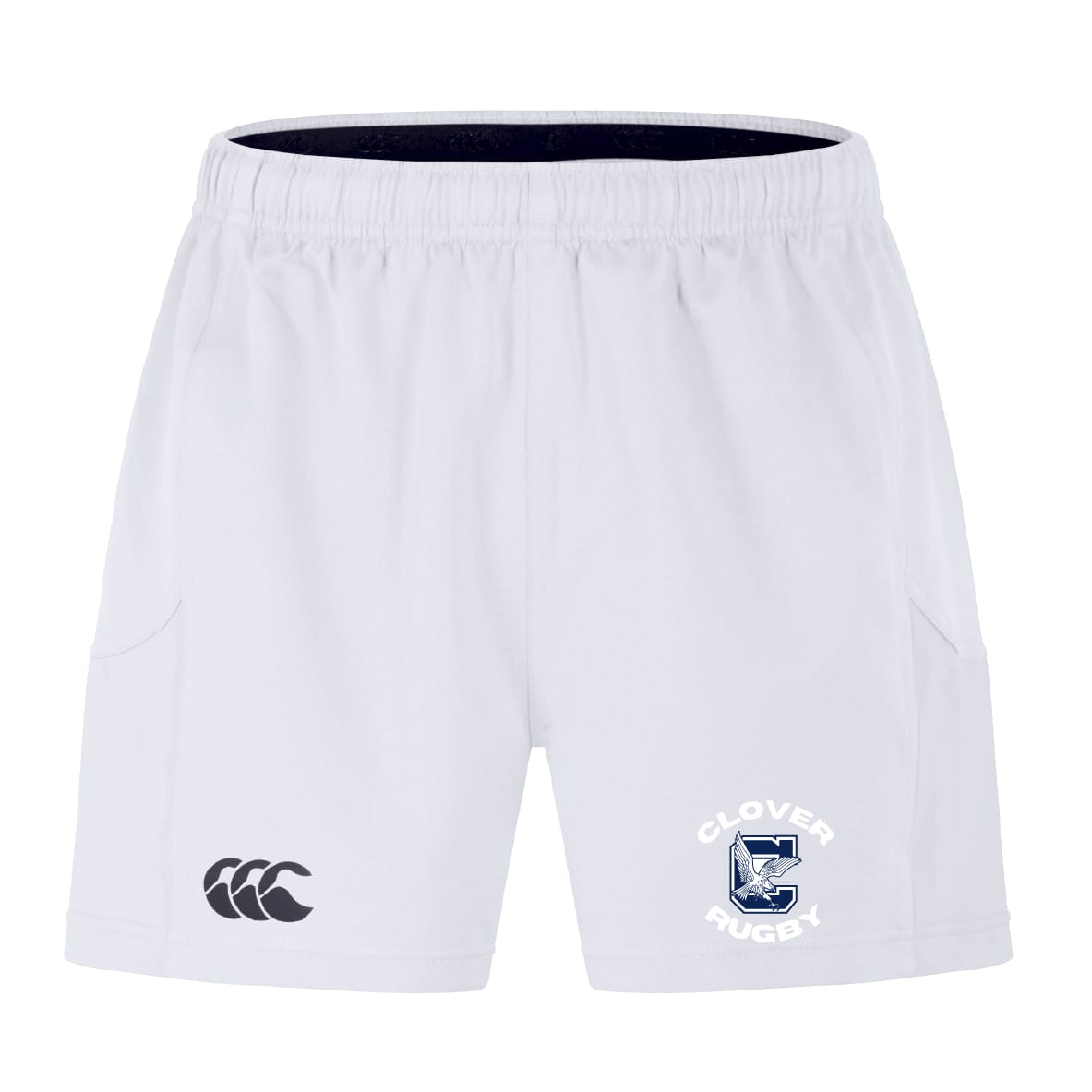 The Clover Middle School Advantage Short 2.0 by EMB Canterbury features the Clover Rugby logo on the right leg and Canterbury logo on the left—ideal sustainable training shorts for middle school athletes.