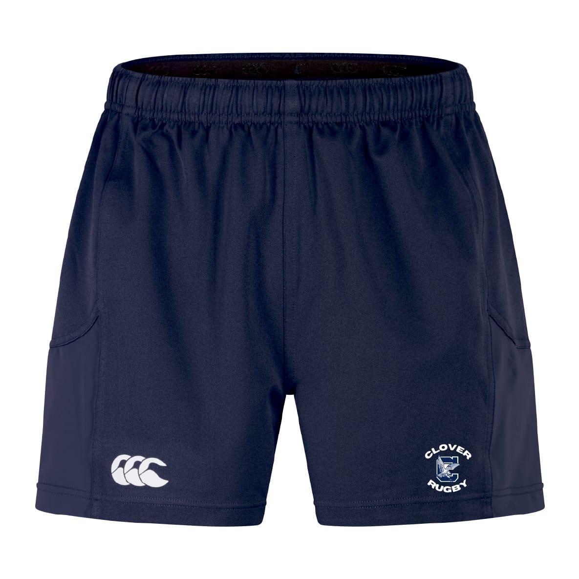 The Clover Middle School Advantage Short 2.0 by EMB Canterbury is a navy performance short with an elastic waistband, Canterbury logo on the left leg, Clover Rugby crest on the right, and is crafted as sustainable sportswear for comfort and durability.