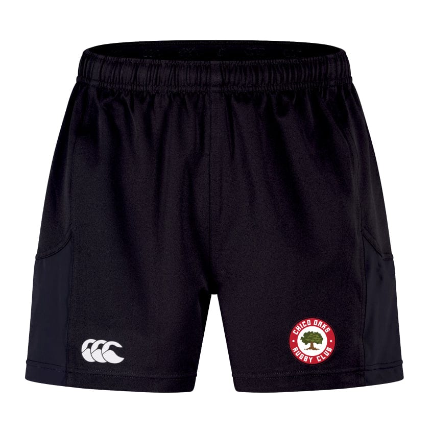 The Chico Oaks Advantage Short 2.0 by EMB Canterbury features a left leg logo with "Chico Oaks Rugby Club" in red around a green oak tree. Made from recycled materials, the shorts have another white logo on the right leg for added authenticity and ultimate performance.