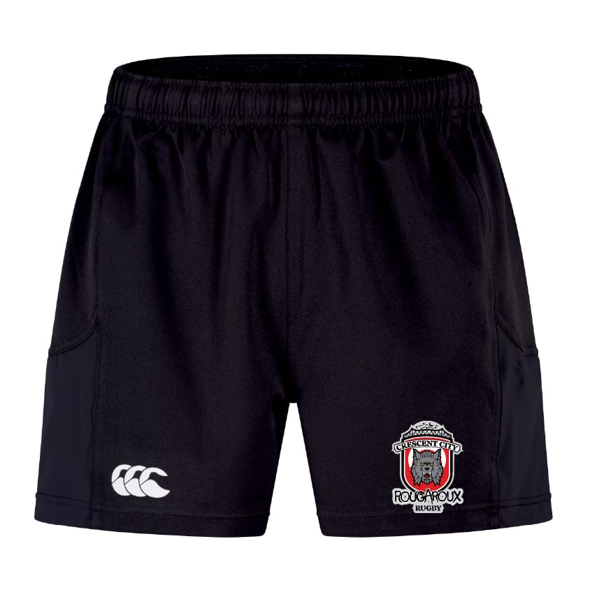 The EMB Canterbury Crescent City Rougaroux Advantage Short 2.0 features an elastic waistband, white Canterbury logo on the left leg, and a Rougaroux club crest on the right—crafted for top performance on and off the field.