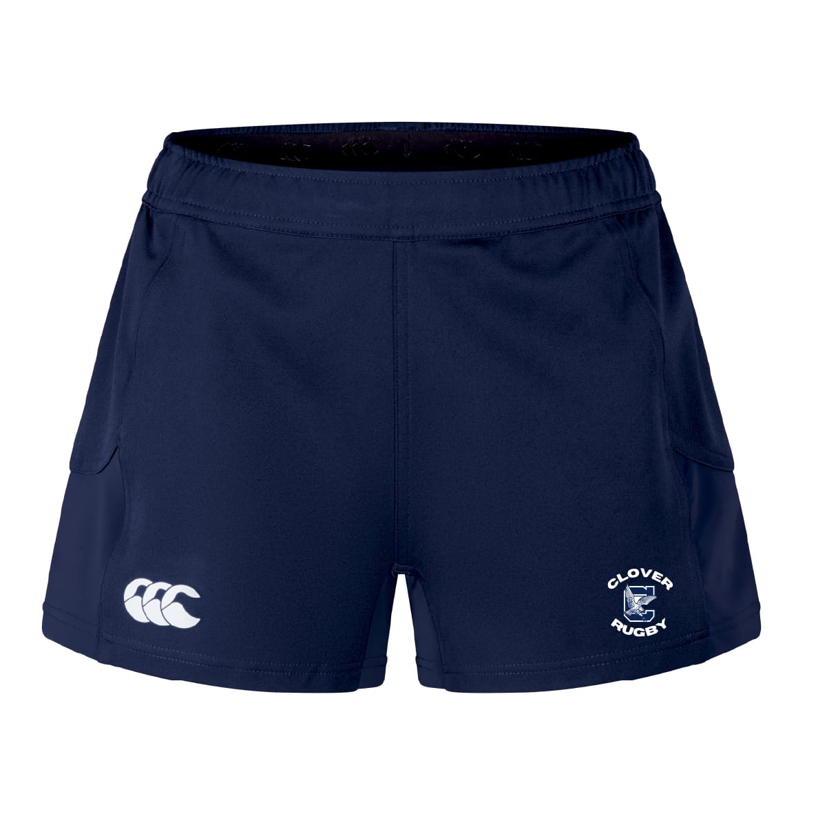 The Clover Middle School Women's Advantage Short 2.0 by EMB Canterbury are navy blue recycled training shorts with a white "CCC" logo on the left and "Clover Rugby" emblem on the right leg, designed for performance and comfort.