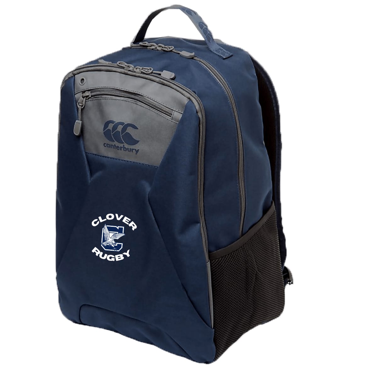 The Clover Middle School Medium Backpack by EMB Canterbury is navy blue with gray zippers and accents, features the Clover Rugby logo on the front pocket, a side mesh pocket, and a padded laptop pocket.