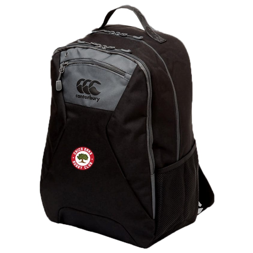 The Chico Oaks Medium Backpack by EMB Canterbury is a sleek black and gray bag with a bold logo and lion's head patch reading "Chico Oaks Rugby Club." It includes a padded pocket to keep your laptop secure.