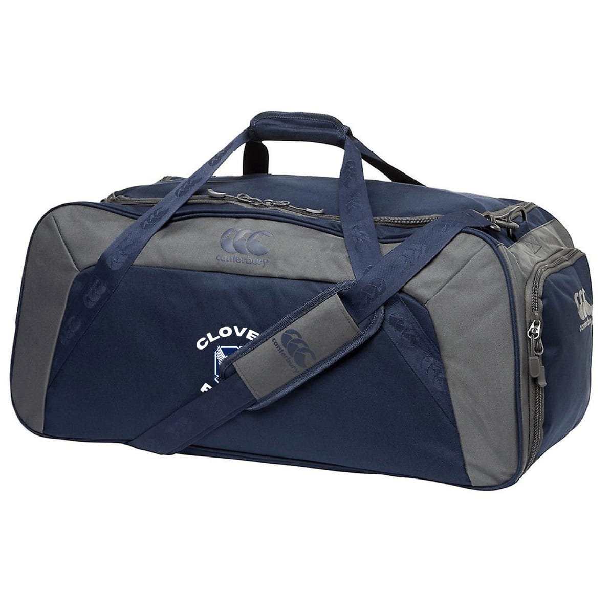 The Clover Middle School Holdall Duffle Bag by EMB Canterbury features a navy blue/gray design, shoulder strap, zippered compartments, branded logos, and water-repellent finish—perfect for carrying your rugby gear in style.