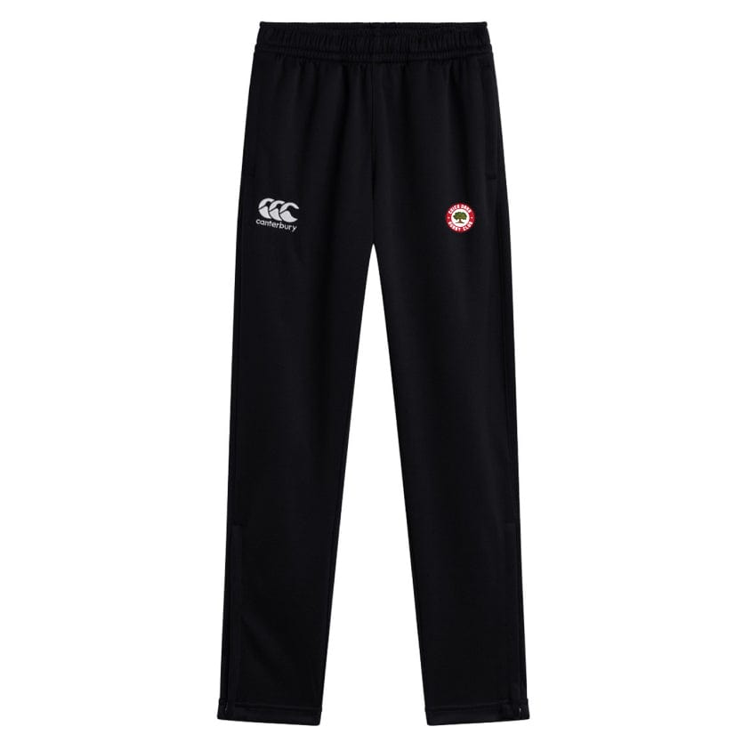 Check out the Chico Oaks Stretch Tapered Pant by EMB Canterbury: Crafted in black quick-dry fabric with a white logo on the right thigh and a red circular emblem on the left, they're perfect for any fitness routine!.