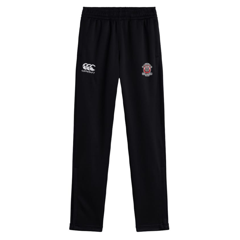 The Crescent City Rougaroux Stretch Tapered Pant by EMB Canterbury features an elastic waistband, Canterbury branding, and a sports club crest. These black men’s pants offer stretch and comfort—ideal for training or daily wear.