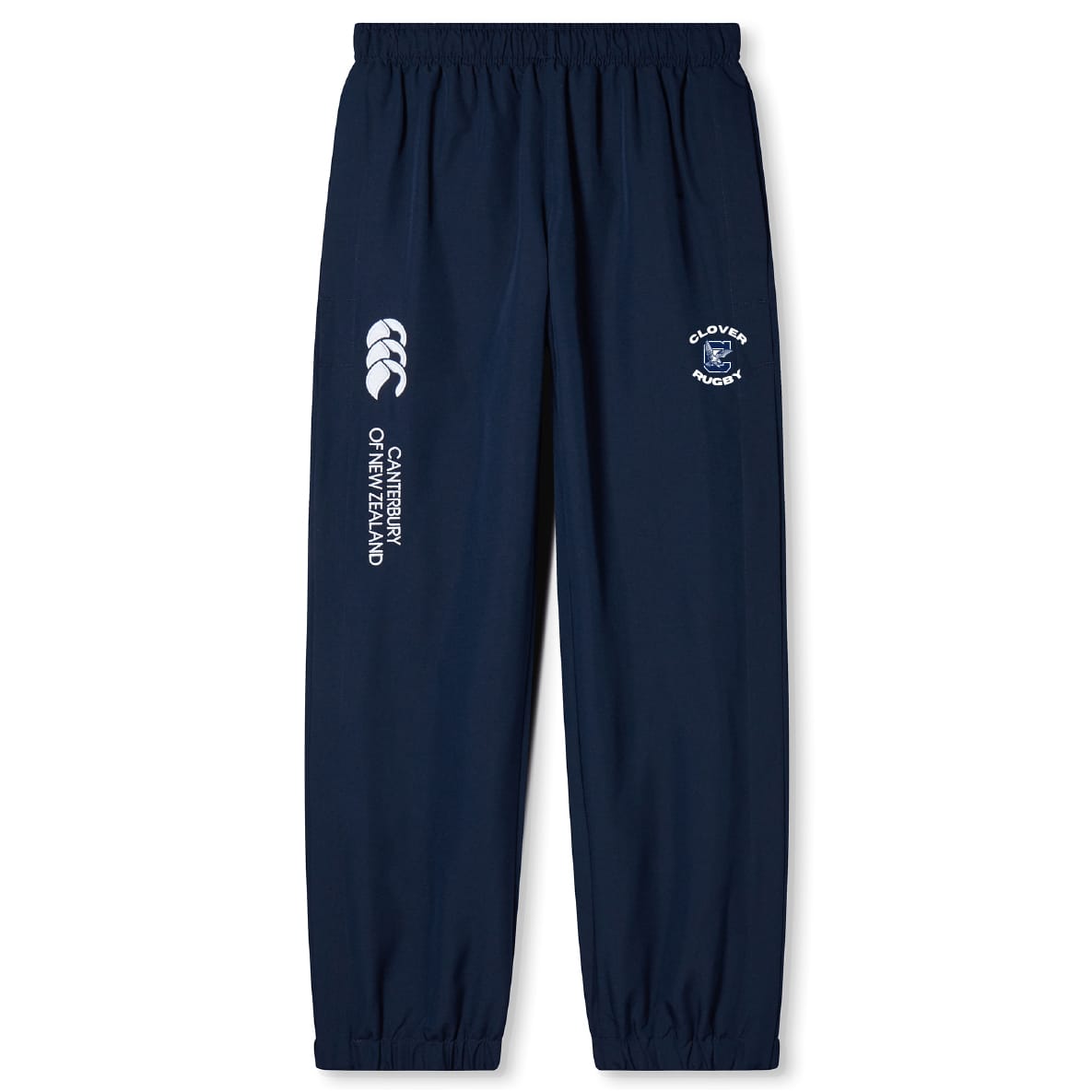 The Clover Middle School Cuffed Hem Stadium Pant by EMB Canterbury features a navy blue design with an elastic waistband, cuffed hem, and printed "Clover Rugby" and "Canterbury of New Zealand" logos on the front.