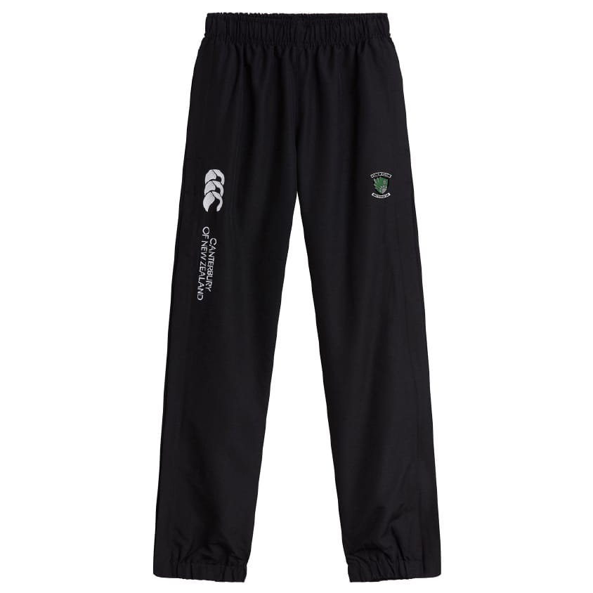 The EMB Canterbury Columbus Kodiaks Full Color Logo Cuffed Hem Stadium Pant is a black rugby pant with an elastic waistband, cuffed hem, white Canterbury logo, and a green and white Columbus Kodiaks team emblem on the front.
