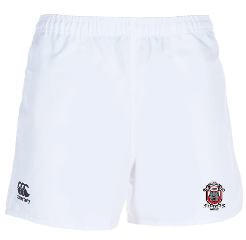 The Crescent City Rougaroux Professional Polyester Rugby Short by EMB Canterbury features durable polyester, an elastic waistband, the Canterbury logo on the left leg, and a "Crescent City Rougaroux" crest on the right.