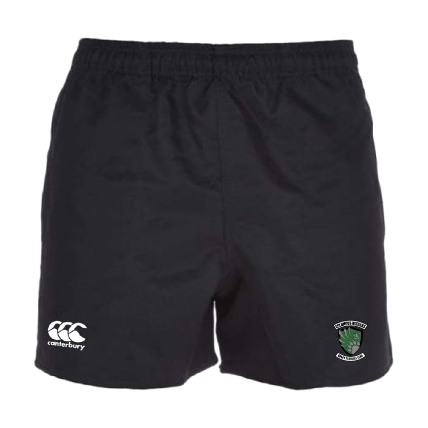 The Columbus Kodiaks Full Color Logo Professional Polyester Rugby Short by EMB Canterbury features an elastic waistband, a white Canterbury logo on the left leg, and a green and white crest on the right leg.