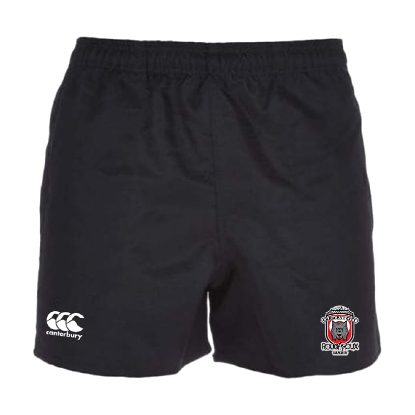 The Crescent City Rougaroux Advantage Rugby Shorts by EMB Canterbury feature an elastic waistband, Canterbury logo on the left leg, team crest on the right, and moisture-wicking fabric for comfort during play.