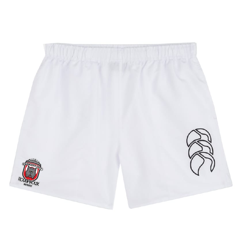 The Crescent City Rougaroux Tactic Short by EMB Canterbury features a club crest on the left leg and a black Canterbury logo on the right hem—perfect men's rugby or training shorts.