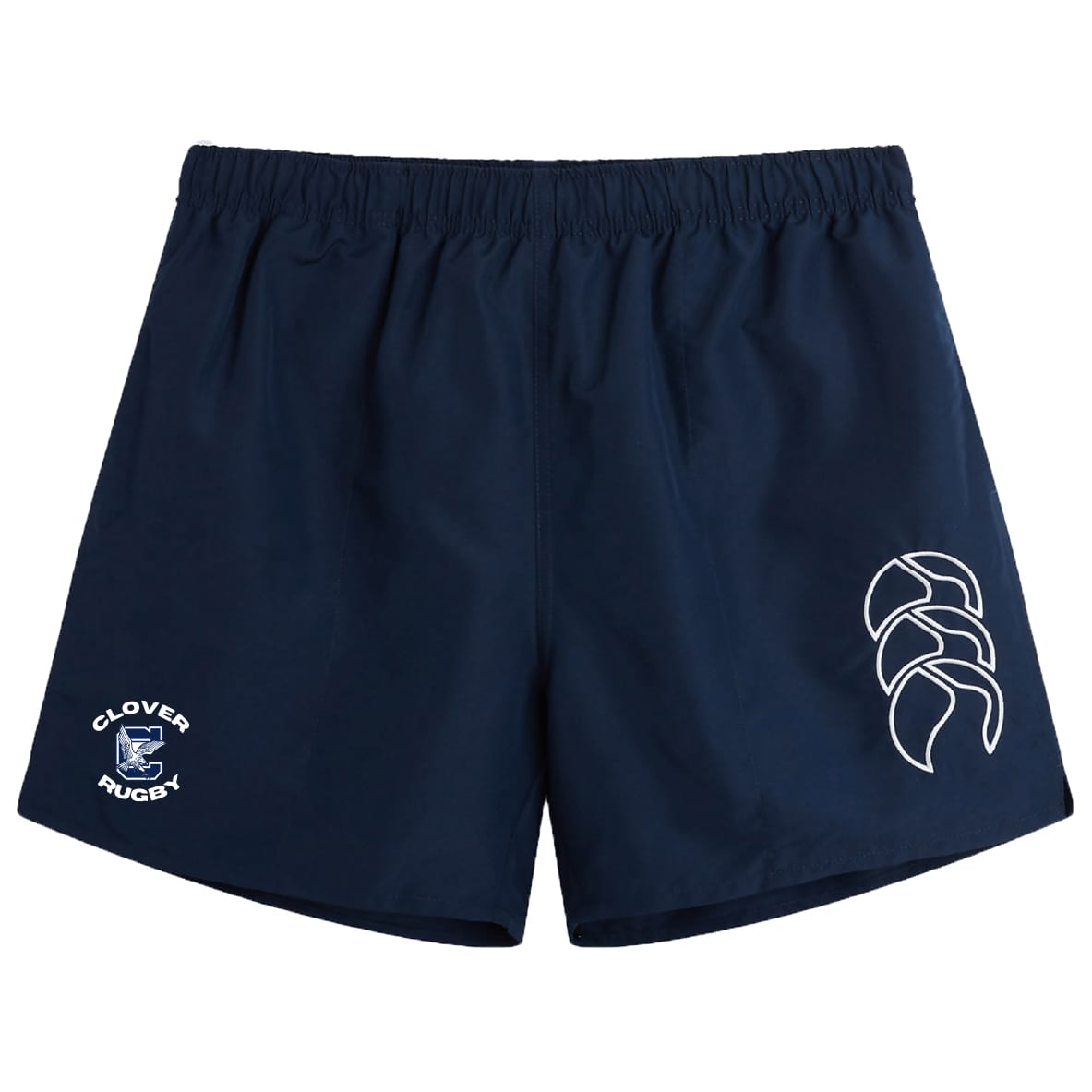 The Clover Middle School Tactic Short by EMB Canterbury are navy blue men's rugby shorts with an elastic waistband, a white logo on the left leg, and "Clovers Rugby" emblem on the right—ideal lightweight gym shorts for training or casual wear.