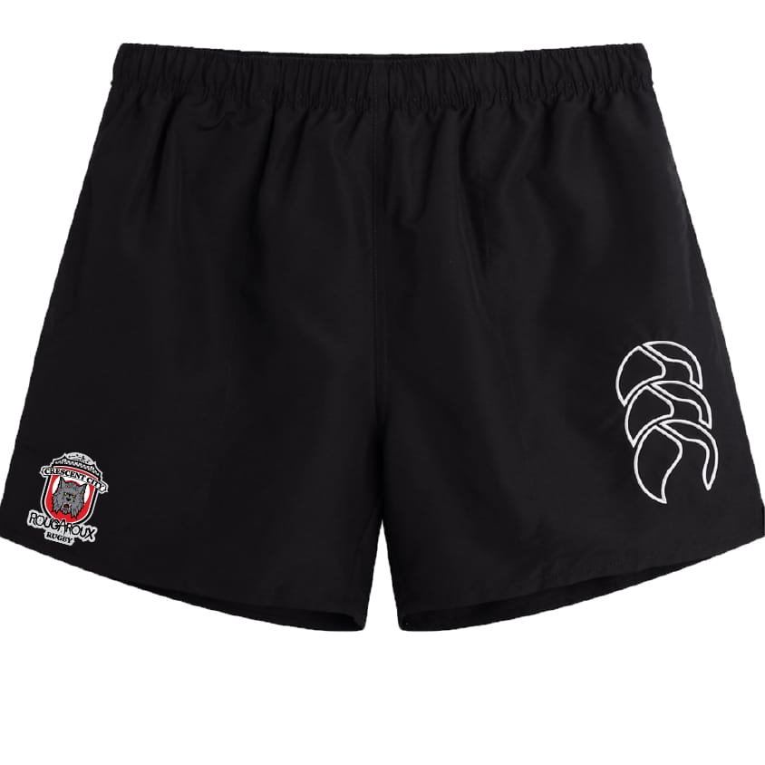 The Crescent City Rougaroux Tactic Short by EMB Canterbury features an elastic waistband, a white logo on the right leg, and a red and white patch on the left—ideal men's sportswear or classic rugby shorts.