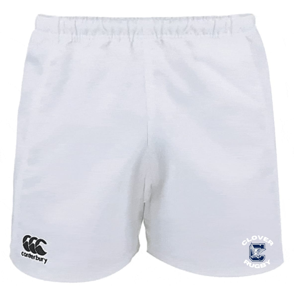 The Clover Middle School Professional Polyester Rugby Short by EMB Canterbury features an elastic waistband, durable polyester fabric, the Canterbury logo on the left leg, and the Clovers Rugby logo on the right.