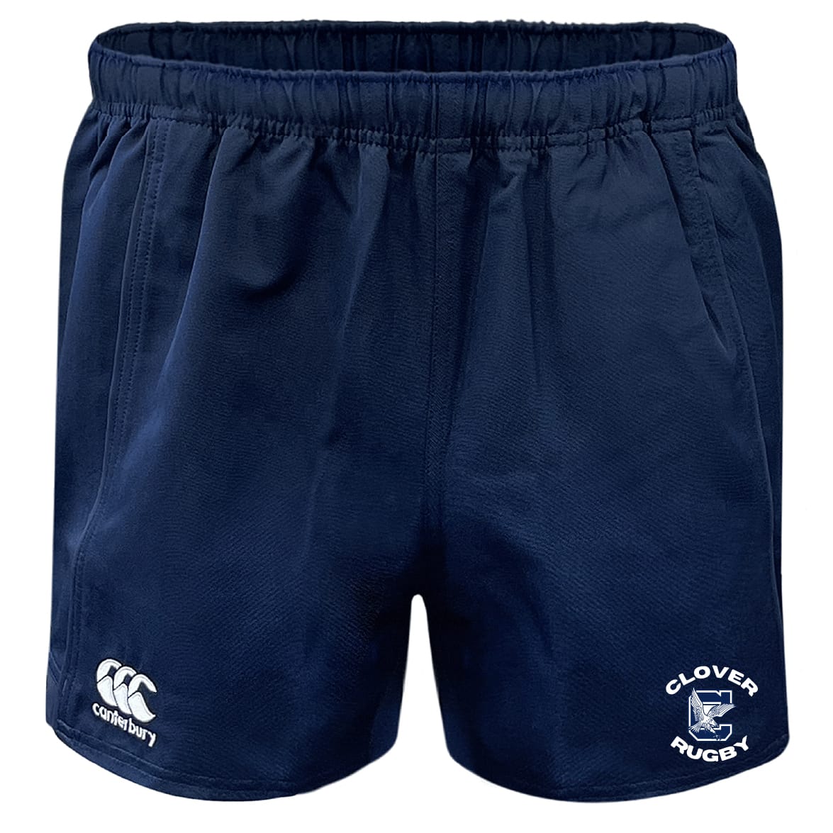 Navy blue EMB Canterbury Clover Middle School Professional Polyester Rugby Shorts with elastic waistband, Canterbury logo on the left, and "Clover Rugby" emblem on the right. Durable and comfortable for play or casual wear.