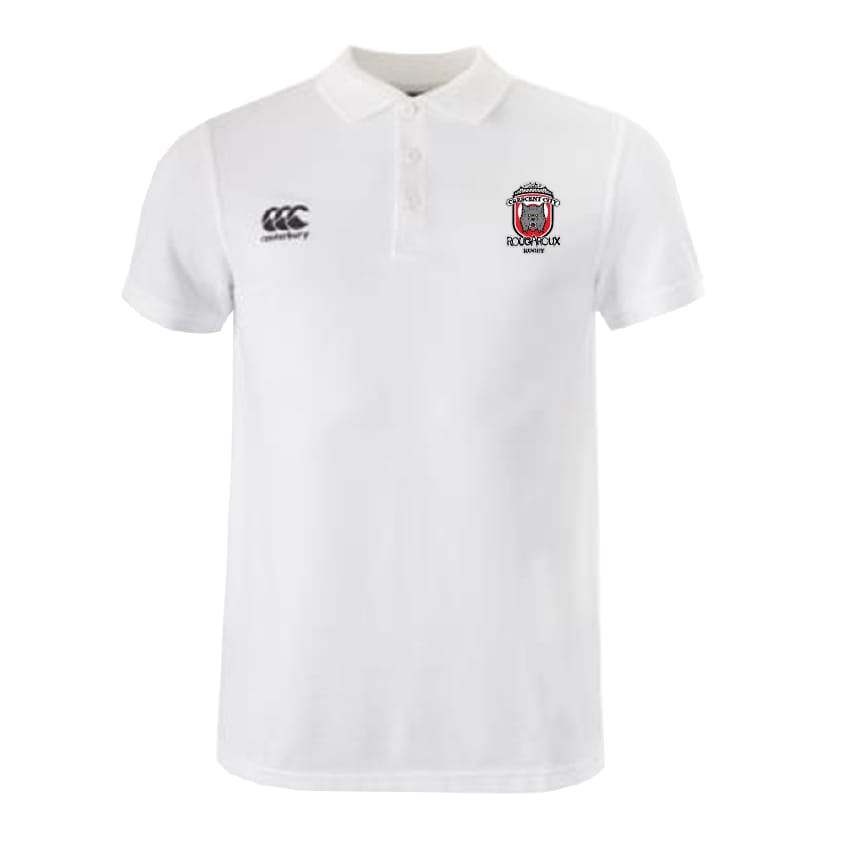The Crescent City Rougaroux Waimak Polo by EMB Canterbury is a plain white rugby polo with a collar, button placket, black Canterbury chest logo, colored text logo, and crafted from a soft cotton-polyester blend.