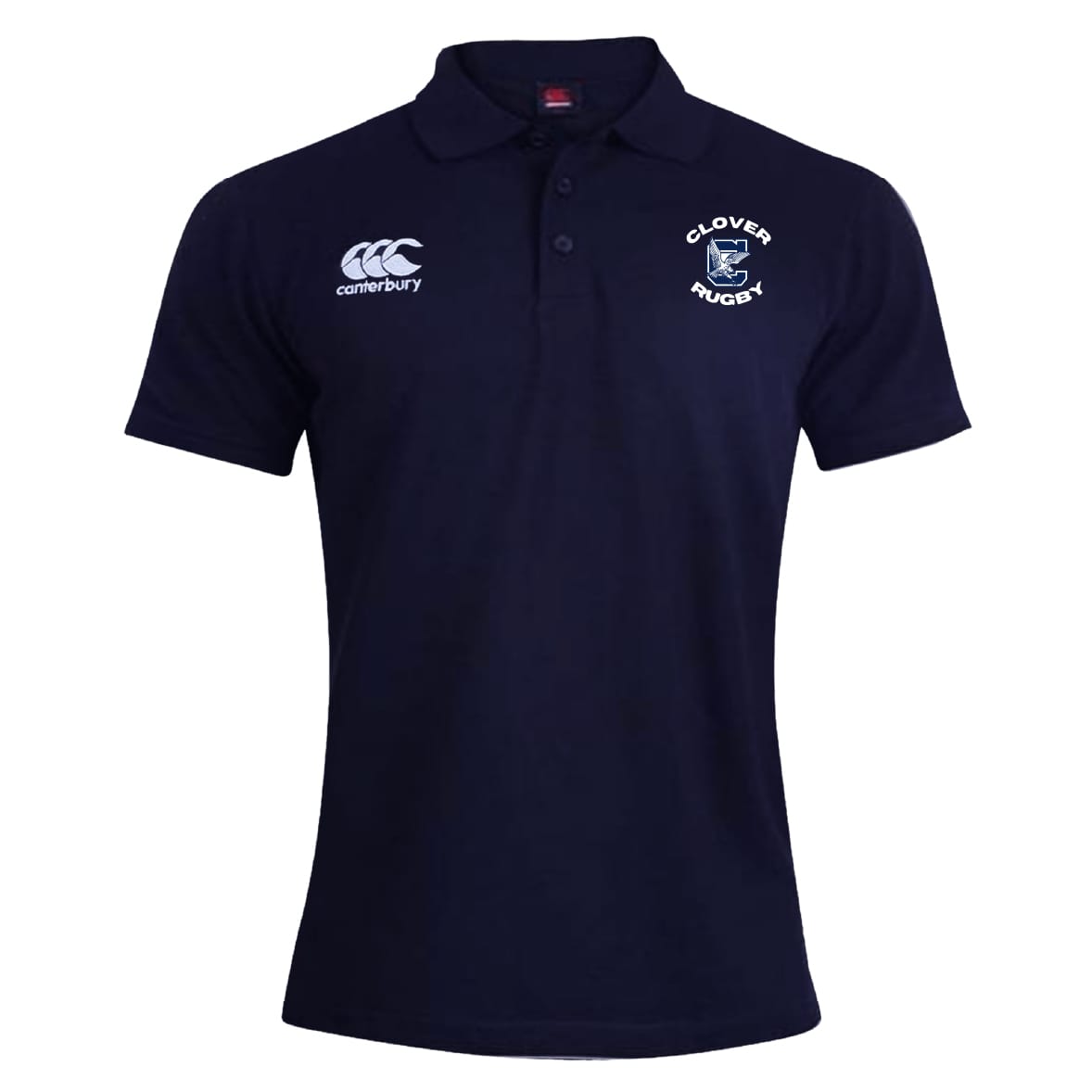 The Clover Middle School Waimak Polo by EMB Canterbury is a navy blue, short-sleeve rugby shirt with the "Clover Rugby" and Canterbury logos on the chest—ideal for men's casual wear or game day support.