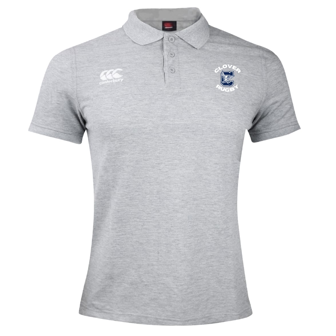The Clover Middle School Waimak Polo by EMB Canterbury features a "Clover Rugby" crest and Canterbury logo on the chest—a classic light grey men's rugby shirt perfect for everyday style.