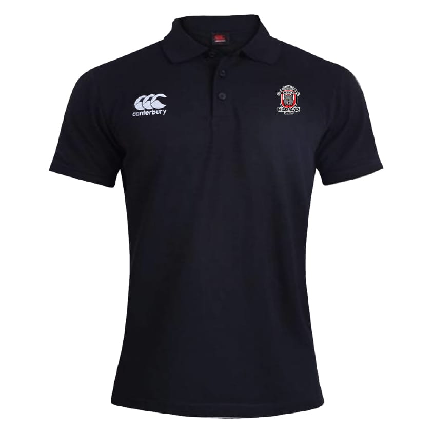 The EMB Canterbury Crescent City Rougaroux Waimak Polo is a black short-sleeve rugby polo with a collar, made from a cotton-polyester blend, featuring the Canterbury logo on the right chest and an embroidered club emblem on the left.