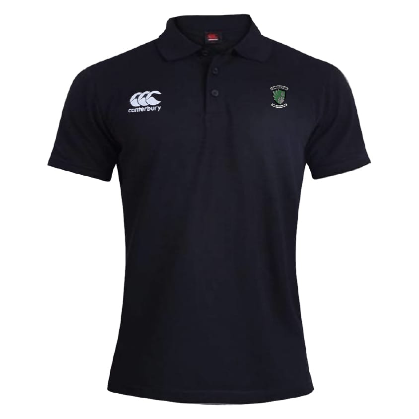 The Columbus Kodiaks Full Color Logo Waimak Polo by EMB Canterbury is a black short-sleeve polo with a collar, Canterbury logo on the right chest, and the team’s full-color crest on the left chest.